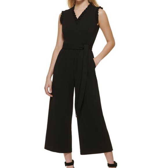 Calvin Klein Women's Ruffle-Trimmed Black Cocktail Jumpsuit Size 12 - Picture 7 of 8